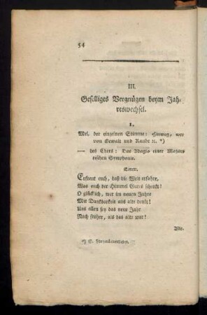 III. Geselliges Vergnügen beym Jahreswechsel