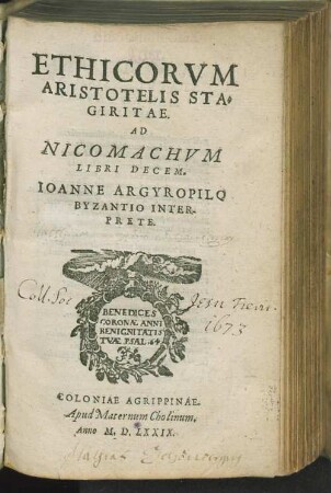 Ethicorvm Aristotelis Stagiritae. Ad Nicomachvm Libri Decem