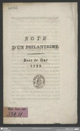 Note D'Un Philantrope : Bois le Duc 1793