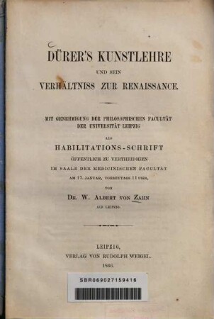 Dürer's Kunstlehre und sein Verhältniss zur Renaissance
