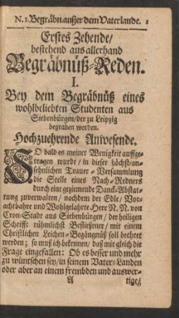 Erstes Zehende/ bestehend aus allerhand Begräbnüß-Reden.