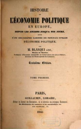 Histoire de l'économie politique en Europe, depuis les anciens jusqu'a nos jours, 1