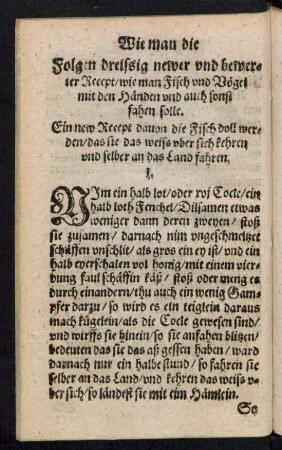 Folgen dreissig newer und bewerter Recept/ wie man Fisch und Vögel mit den Händen und auch sonst fahen solle.