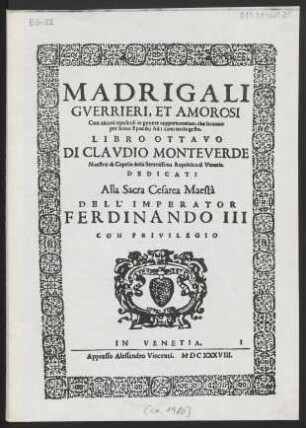 Madrigali guerrieri et amorosi : libro ottavo : Combatimento di Tancredi et Clorinda