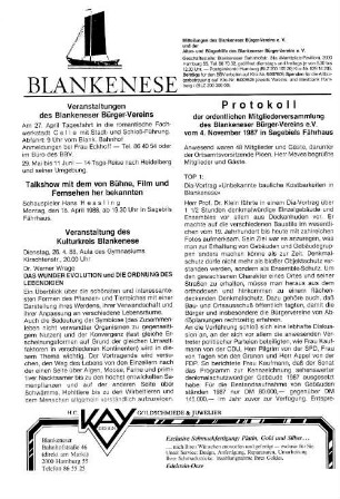 Protokoll der oredntlichen Mitgliederversammlung des Blankeneser Bürger-Vereins e.V. vom 4. november 1987 in Sagebiels Fährhaus