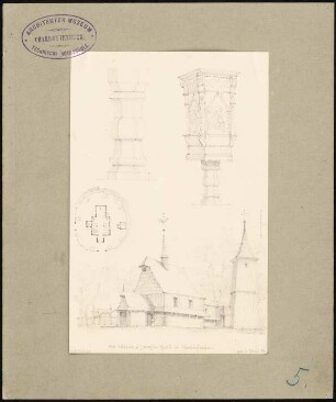 Alte Holzkirche (1204), Syrin: Perspektivische Ansicht, Grundriss, Detail Taufstein und Kanzel