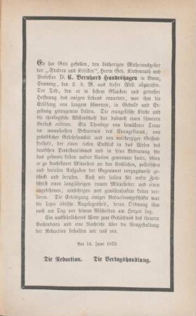 Todesanzeige Carl Bernhard Hundeshagen