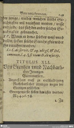 Titulus XLI. Von Grentzen unnd Nachbarlichen Irrungen