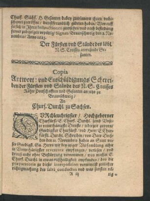 Copia Antwort: und Entschuldigungs Schereiben der Fürsten und Stände des N. S. Creisses ...