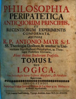 Philosophia Peripatetica : Antiquorum Principiis, Et Recentiorum Experimentis Conformata, 1. Logica