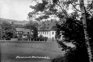 Sächs. Forstamt Steinbach : re. Forstamt erb. 1623, li. Pferdeställe und Kutscherstuben, dahinter Fa. Emil Pursche (Oberschaar)