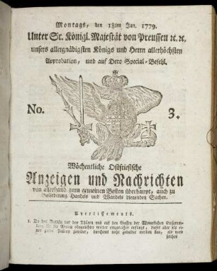 No. 3. Montags, den 18ten Jan. 1779.