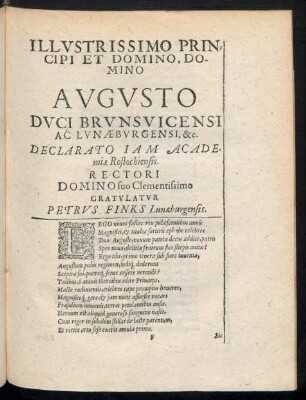 Illustrissimo Principi Et Domino, Domino Augusto .... Gratulatur Petrus Finks Lunaeburgensis.