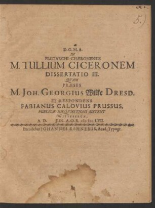 In Plutarchi Chaeronensis M. Tullium Ciceronem Dissertatio III.