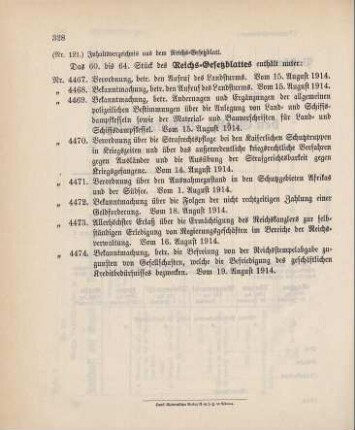 Nr. 121: Inhaltsverzeichnis aus dem Reichs-Gesetzblatt