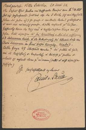 Brief an B. Schott's Söhne : 20.06.1922