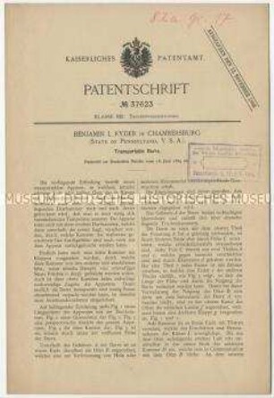 Patentschrift einer transportablen Darre, Patent-Nr. 37623