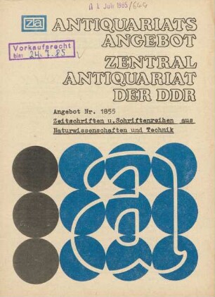 Nr. 1855: Zeitschriften u. Schriftenreihen aus Naturwissenschaften u. Technik