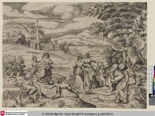 [Mercure surpenant les filles d'Aglaure qui se réjouissent en pleine campagne; Merkur erzählt die Geschichte von Pan und Syrinx]