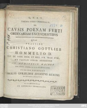 Theses Ivris Criminalis De Cavsis Poenam Fvrti Ordinariam Exclvdentibus