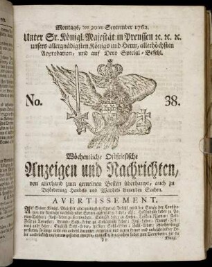No. 38. Montags, den 20ten September 1762.