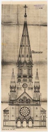 Kaiser-Wilhelm-Gedächtniskirche, Berlin-Charlottenburg: Ansicht Hauptturm West, Zustand vor der Zerstörung, 1:200