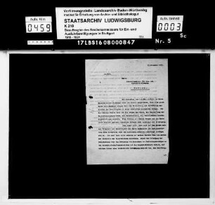 Dienststelle des Beauftragten des Reichskommissars für Aus- und Einfuhrbewilligung in Stuttgart: Schriftwechsel mit dem Reichskommissar für Aus- und Einfuhrbewilligung in Berlin betr. Errichtung, Büroräume und -ausstattung, Dienstbetrieb, Geschäftsverkehr, Aufgabenbereich, Personal- und Gehaltsangelegenheiten, Dienstverhältnisse der Bediensteten