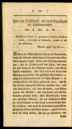 Ueber die Dichtkunst, als ein Gegenstand der Schulunterrichts. Von C. Chr. C. B.