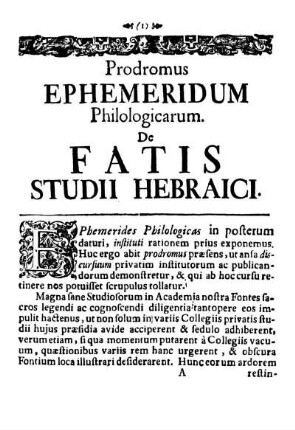 Prodromus Ephemeridum Philologicarum. De Fatis Studii Hebraici.