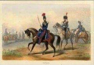 Uniformdarstellung, offizier und Trompeter der Artillerie zu Pferd, Frankreich, 1845/1849.