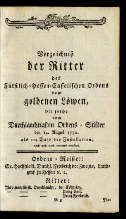Verzeichniß der Ritter des Fürstlich-Hessen-Casselischen Ordens vom goldenen Löwen, ...