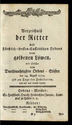 Verzeichniß der Ritter des Fürstlich-Hessen-Casselischen Ordens vom goldenen Löwen, ...