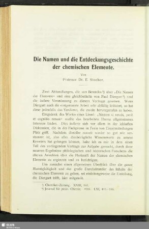 Die Namen und die Entdeckungsgeschichte der chemischen Elemente
