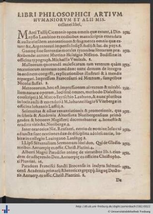 Libri Philosophici, Artivm Hvmaniorvm, & Alii Miscellanei libri.
