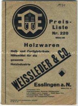 Preisliste einschließlich Katalog über Holzwaren und Holzbearbeitungswerkzeuge der Firma Weissleder und Co.
