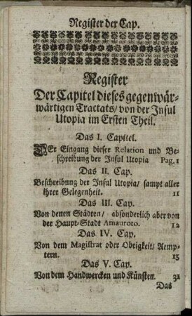 Register Der Capitel dieses gegenwärtigen Tractats / von der Insul Utopia im Ersten Theil.