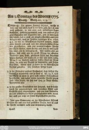 Am 1. Sonntage des Advents 1775. Evang. Matth. 21, 1 - 9.