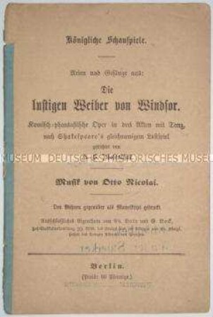 Textheft zur Oper "Die lustigen Weiber von Windsor"