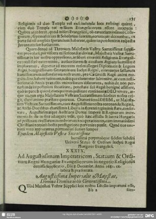 XXXIX. Eorundem Supplicatio ad Augustissimam Imperatricem in negotio Religionis 8. Dec. 1681