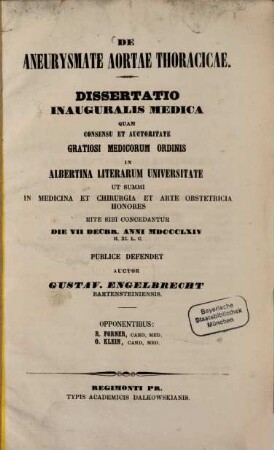 De aneurysmate aortae thoracicae : dissertatio inauguralis medica