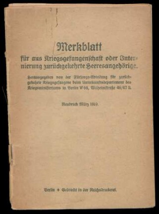 Merkblatt für aus Kriegsgefangenschaft oder Internierung zurückgekehrte Heeresangehörige