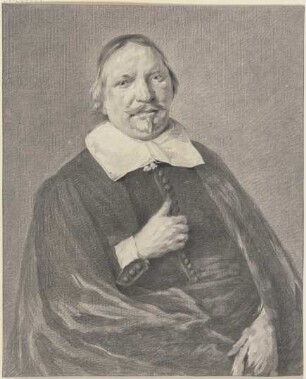 Brustbild eines Mannes mit Schnurr und Zwirbelbart, im Mantel die rechte Hand auf der Brust