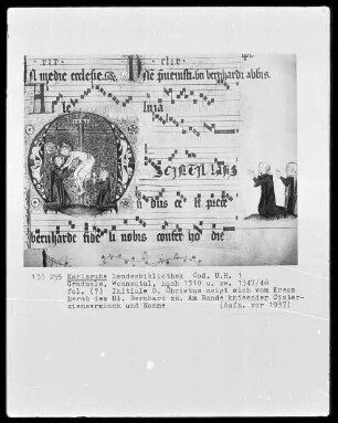 Graduale Cisterciense — Buchseite mit einer Initiale und einer Miniatur, Folio 195recto