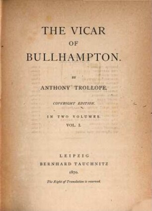 The vicar of Bullhampton : in 2 vol., 1