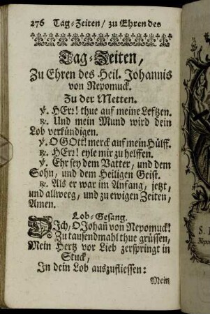 Tag-Zeiten, Zu Ehren des Heil. Johannis von Nepomuck. - Gebett / zu der Zungen des Heil. Johannis Nepomuceni.