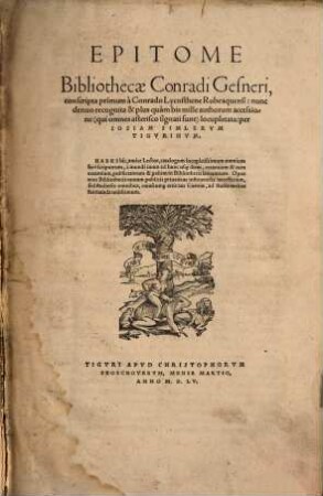 Epitome Bibliothecae Conradi Gesneri