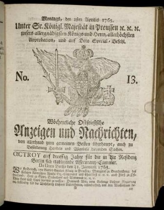No. 13. Montags, den 1ten Aprilis 1765.