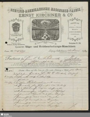 Deutsch-amerikanische Maschinen-Fabrik Ernst Kirchner & Co., Specialfabrik von Säge- und Holzbearbeitungs-Maschinen, Leipzig-Sellerhausen : Factura