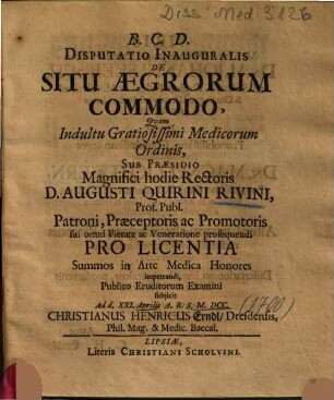 Disputatio Inauguralis De Situ Aegrorum Commodo