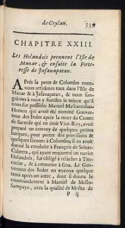 Chapitre XXIII. Les Holandois prennent l'isle de Manar, & ensuite la Forteresse de Jafanapatan